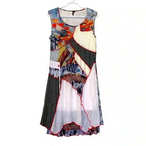 Miss Nikky fully  lined, boho, patchwork summer dress w asymmetrical bottom hem